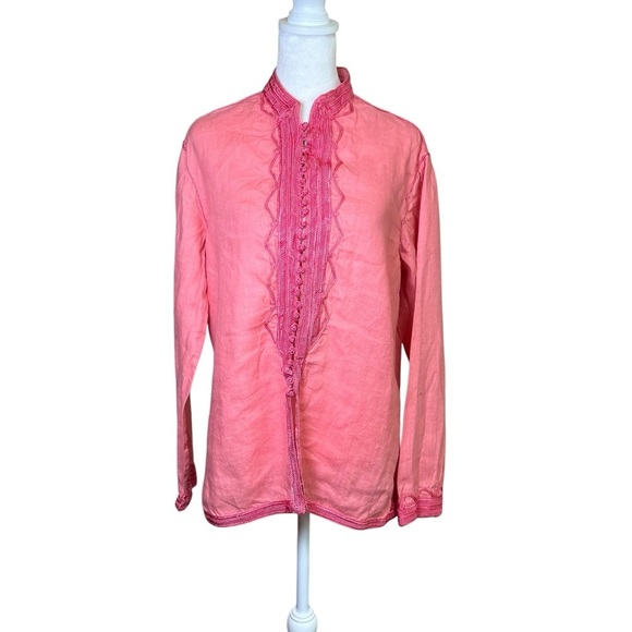 Maison Du Caftan Coral Pink Linen Tunic Long Sleeve Top Embroidered Fits US M/L - Picture 1 of 11